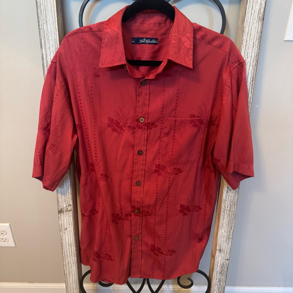 Duke Kahanamoku Red Jacquard Aloha Camp Shirt‎ Rayon Blend Men’s L Tropical